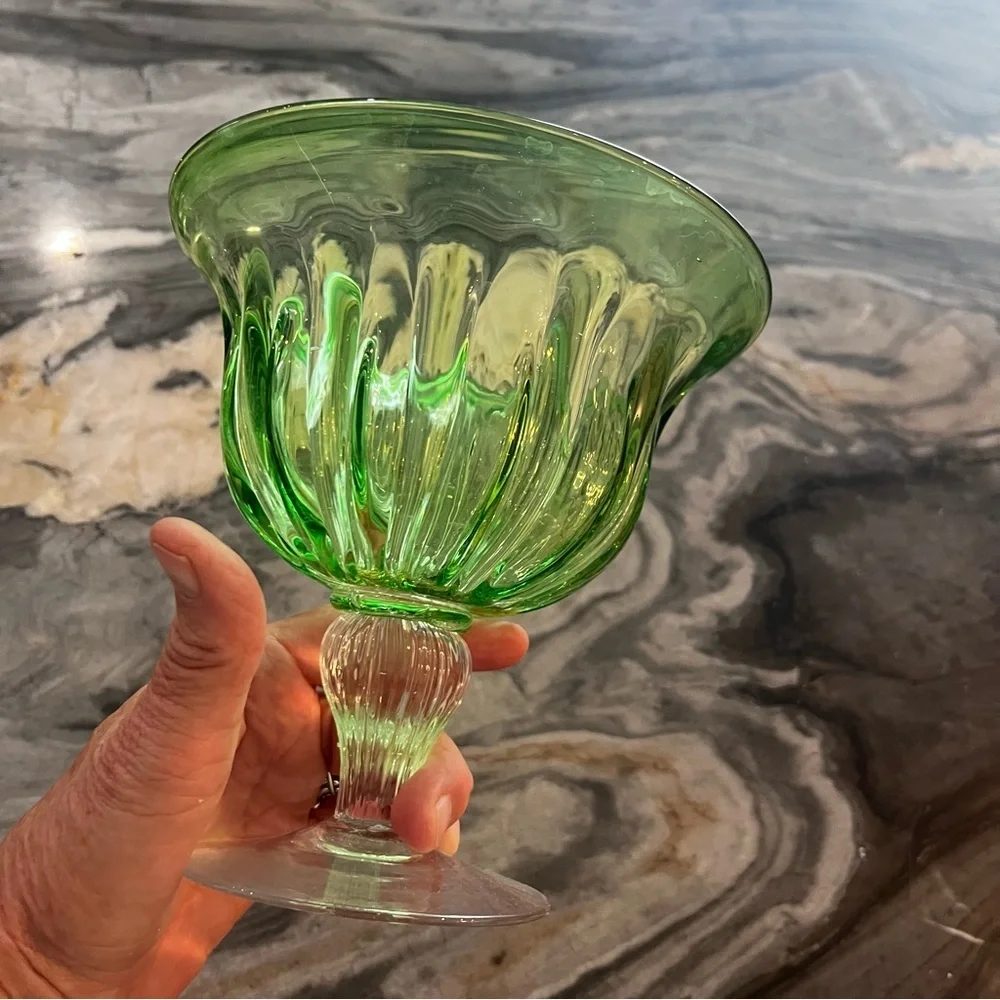 Hand Blown Green Fluted Compote Bowl Italy